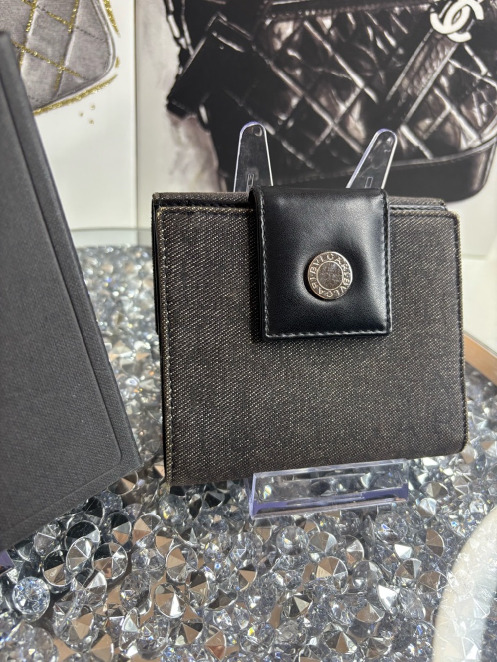 BVLGARI Logo Mania Bifold Wallet made of black denim-like canvas & leather EUC - Picture 4 of 17